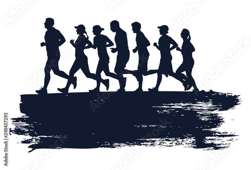Silhouette of people running marathon with grunge splash, Vector