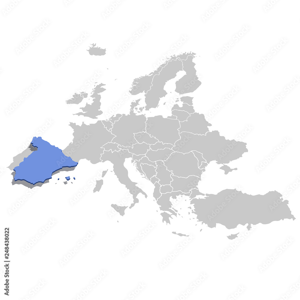 Fototapeta Ilustracja wektorowa Hiszpanii w kolorze niebieskim na szarym modelu mapy Europy.