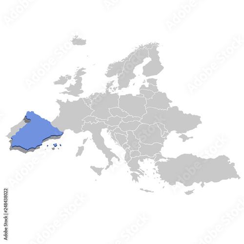 Vector illustration of Spain in blue on the grey model of Europe map.