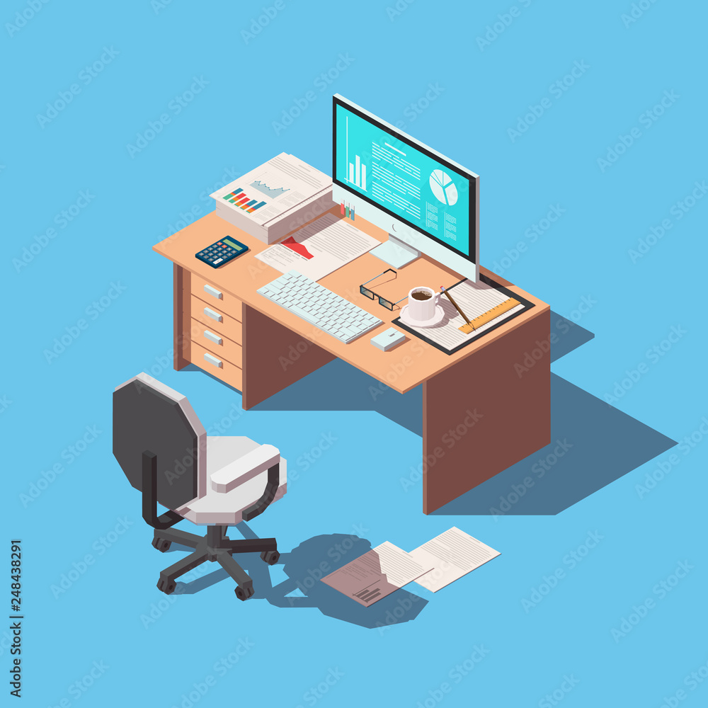 Naklejka premium Vector isometric concept of workplace with computer and office equipment. Isolated background.