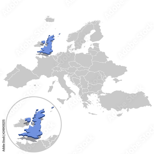 Vector illustration of United Kingdom in blue on the grey model of Europe map with zooming replica of country.