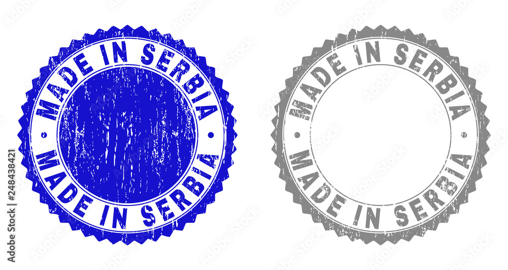 Grunge MADE IN SERBIA stamp seals isolated on a white background. Rosette seals with distress texture in blue and grey colors. Vector rubber stamp imprint of MADE IN SERBIA tag inside round rosette.