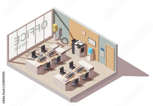 Оffice room with cubicle workplaces and office equipment. Vector isometric interior icon