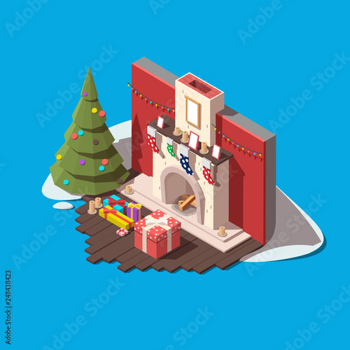 Vector isometric Merry Christmas or Happy New Year holidays icon. Part of the room with fireplace, Christmas tree, gift boxes and other Christmas items illustration.