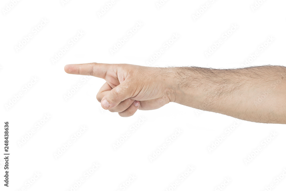 Pointing to the left male hand isolated on white Pointing to the left male hand isolated on white