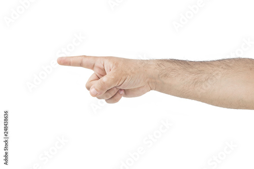 Pointing to the left male hand isolated on white