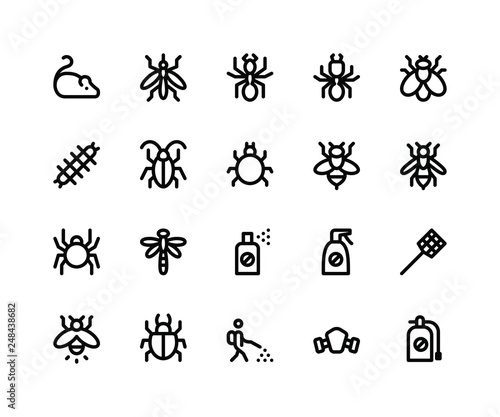 Simple Set of Pest Control Related Vector Line Icons. Contains such Icons as mouse, mosquito, ant, termite and More. pixel perfect vector icons based on 32px grid. Editable Strokes