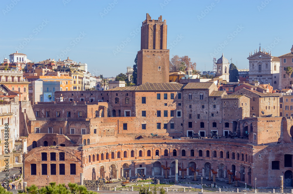 The Markets of Trajan, the Militia Tower is visible in the center, rising above the markets, Rome, Italy.