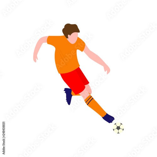 Soccer player in brilliant sportswear kicks the ball