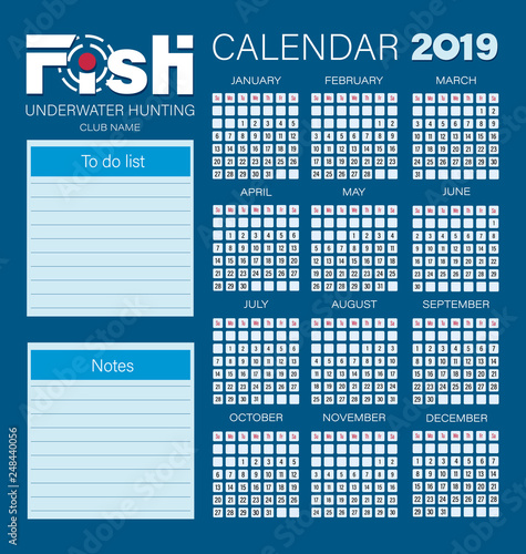 Calendar planner for 2019 year. FISH. Underwater hunting.  Week starts on Sunday. Set of 12 months, to do list, notes. The concept of sports fishing and hunting. 