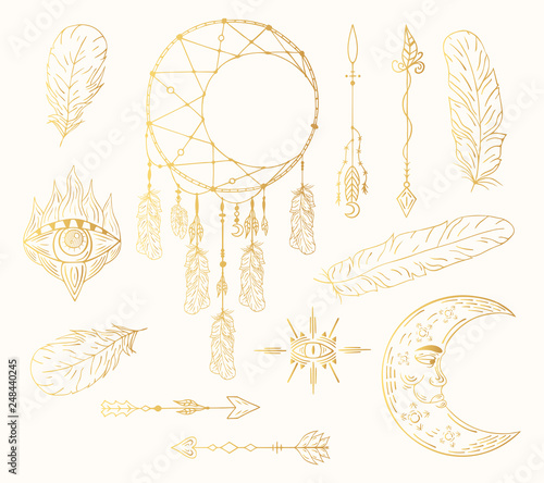 Hand drawn golden boho eye, dream catcher, arrows, feathers, moon tribal tattoo in native bohemian, indian style. Magic gold scandinavian print.
