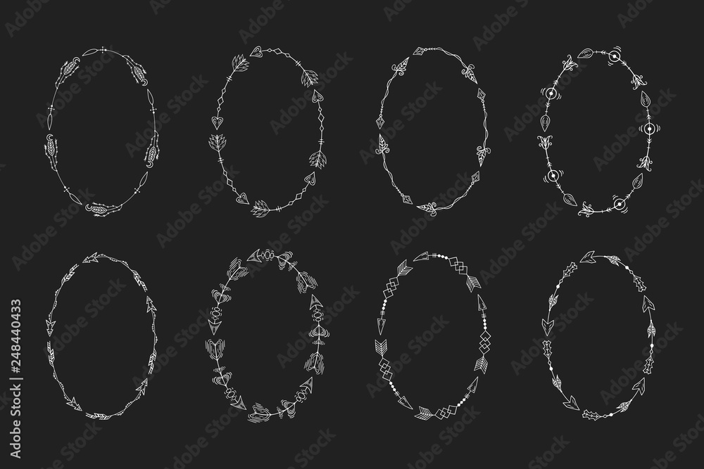 Hand drawn tribal boho oval arrow frames collection. Ink aztec border. Bohemian style tattoo. Ethnic wreaths. Hand drawn tribal boho oval arrow frames collection. Ink aztec border. Bohemian style tattoo. Ethnic wreaths.