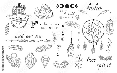 Hand drawn boho dream catcher, arrows and feathers, hamsa tribal pattern in indian style. Magic scandinavian border. Ethnic bohemian flourish tattoo.