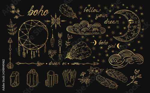 Hand drawn golden boho moon dream catcher, aztec arrows, feathers, clouds and stars, tribal flourish borders. Indian tattoo. Magic wedding gold pattern. Ethnic page decoration divider.