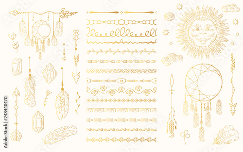 Hand drawn boho golden dream catcher, celestial sun, arrows and feathers, tribal borders. Indian tattoo. Magic gold scandinavian pattern. Ethnic bohemian divider.