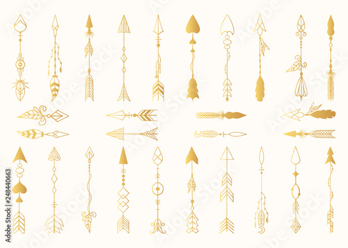 Hand drawn tribal boho golden arrow dividers with feathers in indian style. Ink aztec tattoo. Scandinavian gold border collection.