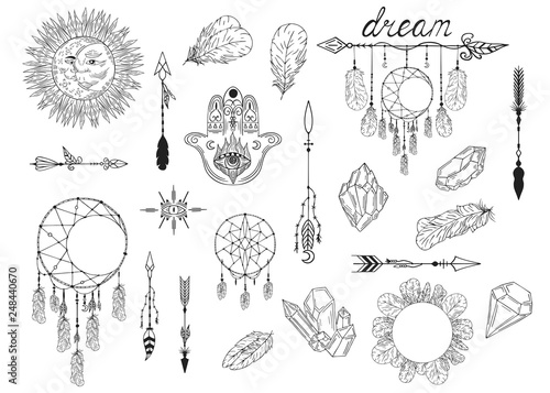 Hand drawn boho moon dream catcher, arrows, feathers, gems and stones, hamsa tribal pattern. Magic scandinavian border in indian style. Ethnic bohemian quill wreath.