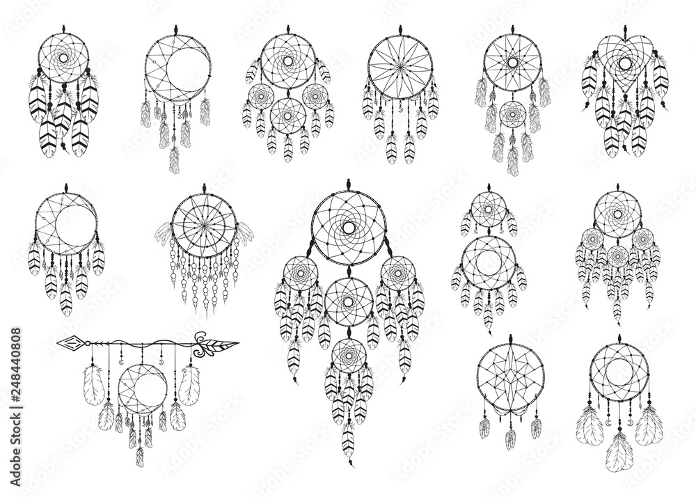 Super big hand drawn vintage bohemian dream catcher collection with heart  and moon in boho style. Magic tribal indian tattoo. Traditional aztec  print. Stock Vector | Adobe Stock