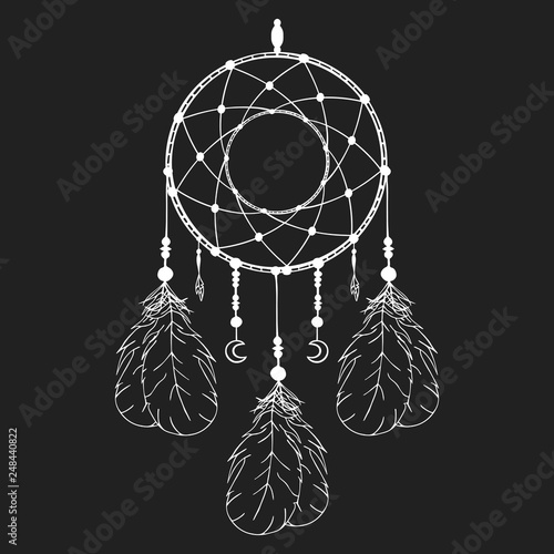 Hand drawn bohemian dream catcher in vintage boho style. Magic tribal indian tattoo. Traditional aztec print.