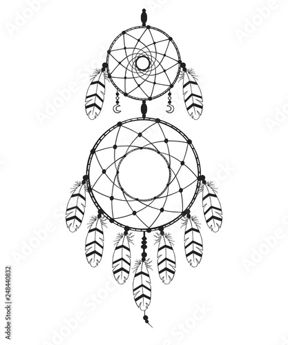 Hand drawn traditional dream catcher in boho style. Magic tribal indian print. Aztec feather tattoo.
