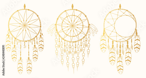 Hand drawn gold vintage dream catcher collection with feathers in boho style. Magic tribal indian golden tattoo. Traditional aztec print.