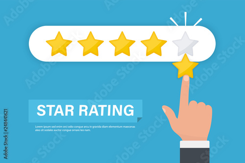 Star Rating. Businessman hand giving five star rating. Five stars customer product rating review flat icon. Feedback concept