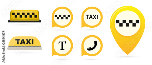 Taxi icons set.Map pin with taxi car sign. Transport set of abstract taxi objects