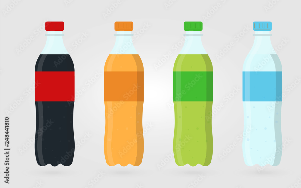 Set Sweet water plastic bottle soda, lemon, orange and water. Drinks in bottles. Plastic beverage bottles icon set. Flat vector icon Set Sweet water plastic bottle soda, lemon, orange and water. Drinks in bottles. Plastic beverage bottles icon set. Flat vector icon