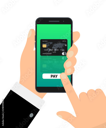 Mobile Зayment, hand holding phone. Credit card on smartphone screen. Mobile payment, transaction approved concepts. Flat design graphic elements. Vector illustration