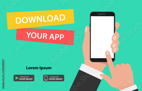 Download page of the mobile app. Hand holding smartphone and touching screen.