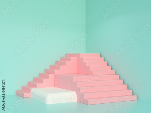 Scene with geometrical forms in pastel cream colors. Pink stairs and white box podium in a corner. Minimal blue background. 3d render.
