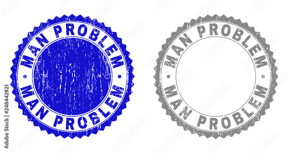 Grunge MAN PROBLEM stamp seals isolated on a white background. Rosette seals with grunge texture in blue and gray colors. Vector rubber stamp imprint of MAN PROBLEM tag inside round rosette.