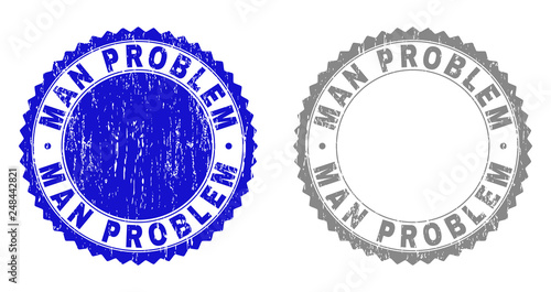 Grunge MAN PROBLEM stamp seals isolated on a white background. Rosette seals with grunge texture in blue and gray colors. Vector rubber stamp imprint of MAN PROBLEM tag inside round rosette.