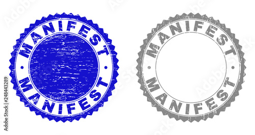 Grunge MANIFEST stamp seals isolated on a white background. Rosette seals with distress texture in blue and gray colors. Vector rubber stamp imprint of MANIFEST text inside round rosette.