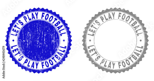 Grunge LET'S PLAY FOOTBALL stamp seals isolated on a white background. Rosette seals with grunge texture in blue and grey colors.