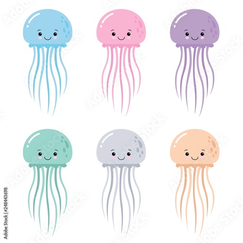 Vector illustration of cartoon funny color jellyfish isolated on white background. Set of kawaii jellyfish