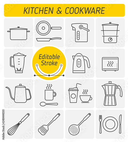 The kitchenware and cookThe kitchenware and cookware outline vector icon set. A kitchen utensils and cuisine crockery. The cooking food appliances and equipment symbols. Tware outline vector icon set.