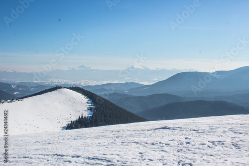 Snow-capped mountains and hills. Mountains Carpathians in Ukraine. Winter mountain landscape. Mountain Bukovel. Panorama from the top of the mountain. Freeride ski slope. Skiing and snowboarding. © Larysa