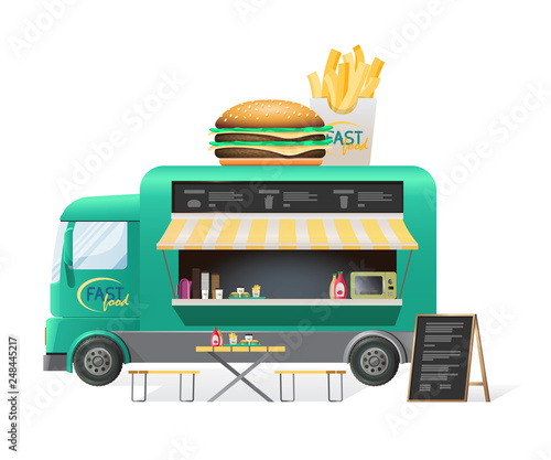 Street van, shop truck counter on wheels, sale of hamburgers.