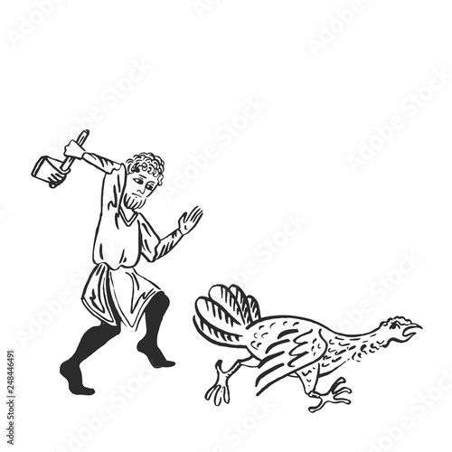 Medieval man chasing turkey