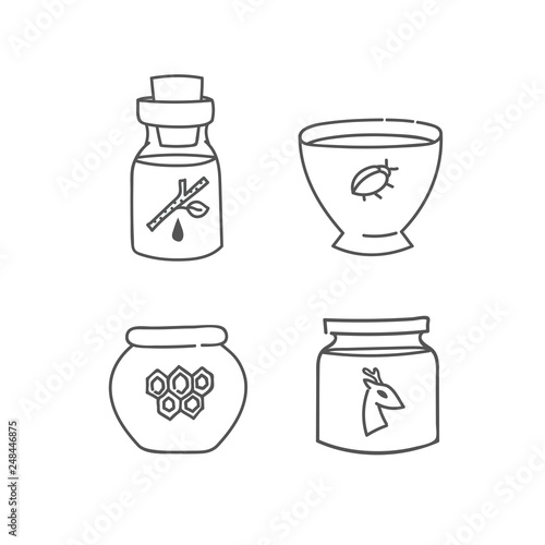 Organic ingredients bottle jar bowl and pot set of doodles