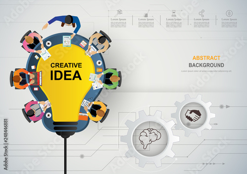 Business meeting and brainstorming. Idea and business concept for teamwork. Vector illustration infographic template with people, team, light bulb and icon.Print