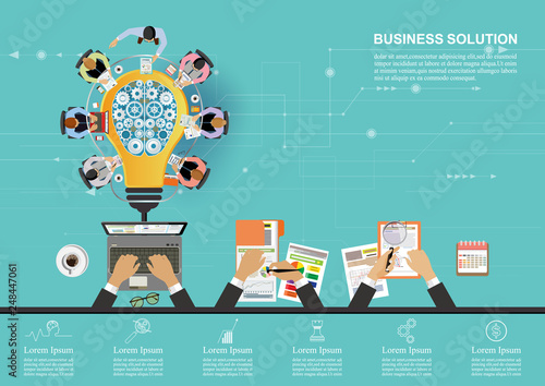 Business meeting and brainstorming. Idea and business concept for teamwork. Vector illustration infographic template with people, team, light bulb and icon.Print
