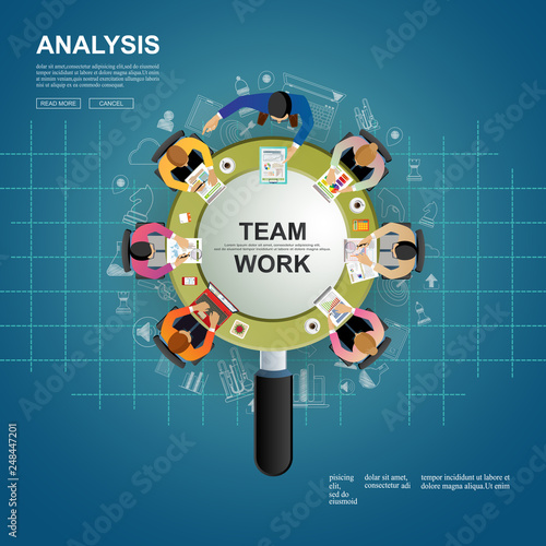 Business meeting and brainstorming. Idea and business concept for teamwork. Vector illustration infographic template with people, team, light bulb and icon.Print