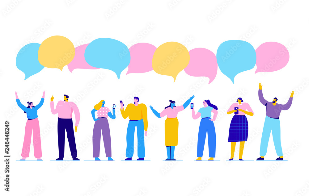 Group of young people having conversation. Disscussion, chatting.  Flat vector illustration.