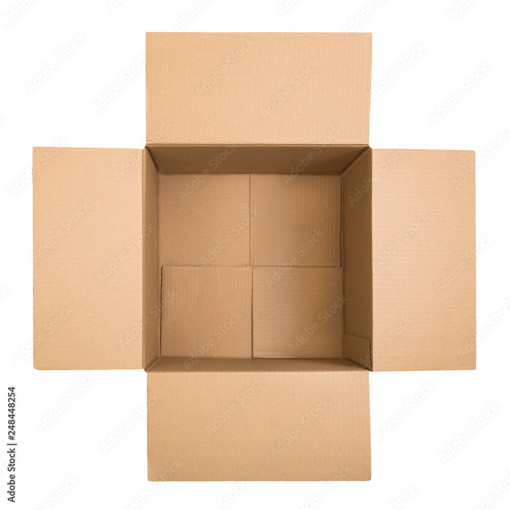 Open square cardboard box isolated on white background. Top view. Flat lay Open square cardboard box isolated on white background. Top view. Flat lay