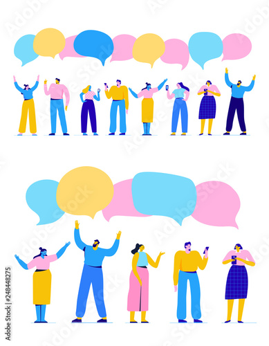 Group of young people having conversation. Disscussion, chatting. Flat vector illustration.