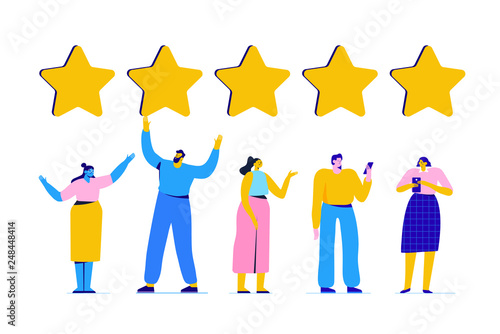 Customer review rating. Different People give review rating and feedback. Flat  vector illustration.