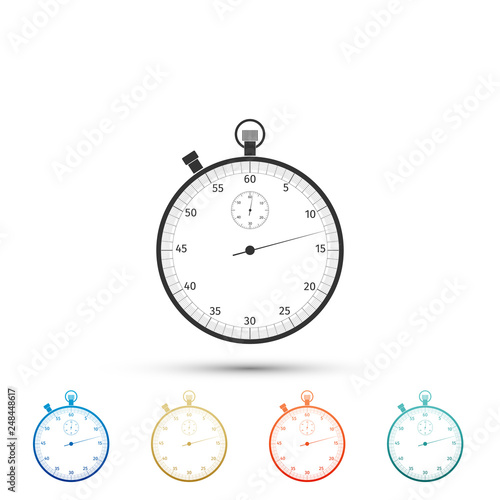 Classic stopwatch icon isolated on white background. Timer icon. Chronometer sign. Set elements in color icons. Vector Illustration