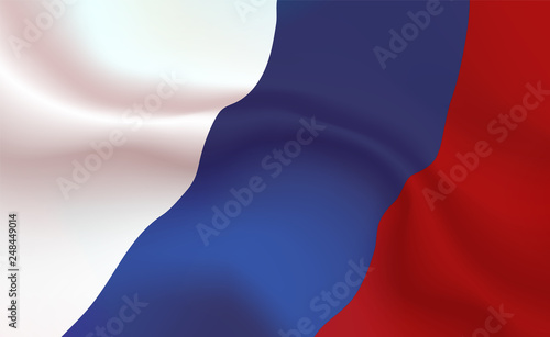 Background Russian Flag in folds. Tricolour banner. Pennant with stripes concept up close, standard Rus. Russian Federation illustration. Realistic soft shadows, highlights. Russia Vector